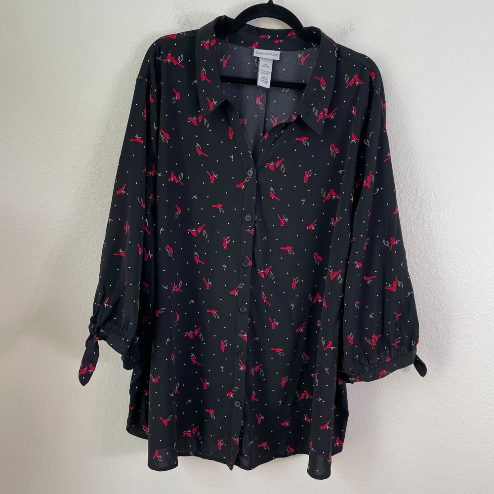 Catherines Womens Plus 4X Button Up Shirt Red Black Birds Cardinals Blouse Top